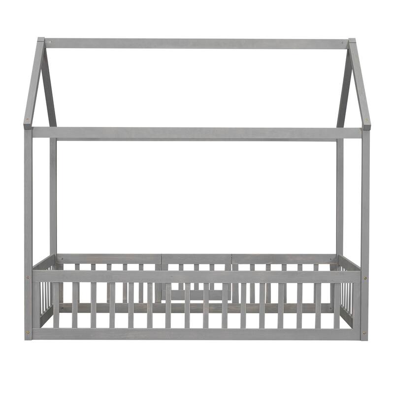 Twin Size Pine Wood House Bed with Fence, Door, and Solid Construction