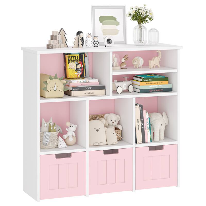 Toy Storage Organizerwith Hidden Wheels, Kids Bookshelf Floor Toy Storage Cabinet, 3 Movable Drawers - Pink