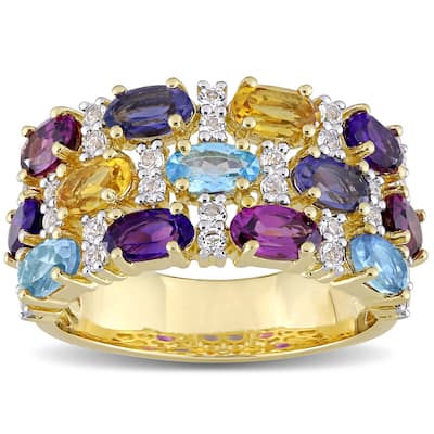 Miadora Yellow Plated Sterling Silver Multi-Gemstone 3-Row Cluster Anniversary Band