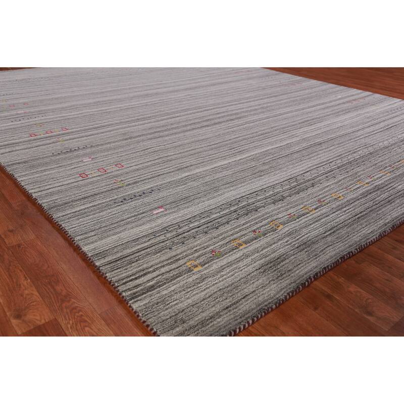 Hand Knotted Oriental 100% Wool Carpet Tribal Stripe Greys & Charcoal Gabbeh Area Rug - 9' 7'' X 8' 1''