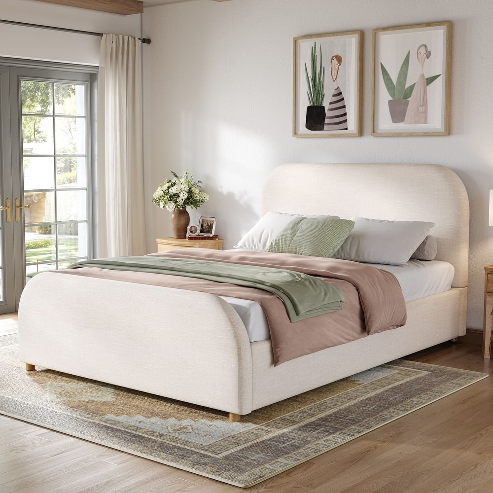 Christopher Knight Home - Thalassa Linen Bed Frame with Curved Headboard and Solid Wood Legs