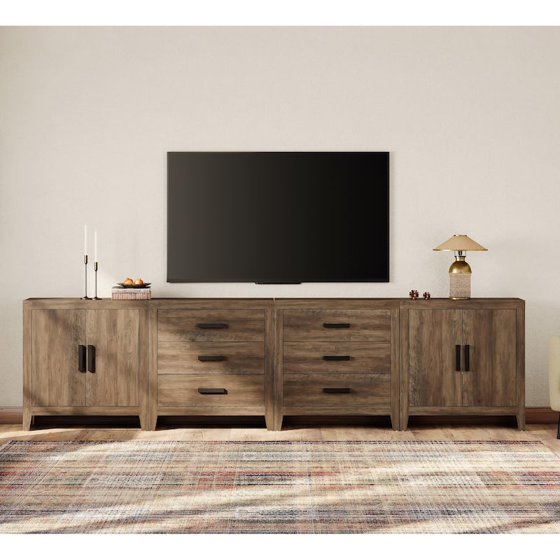 WAMPAT Extra Wide 126" Modern Farmhouse TV Stand，Wood Media Console with 6 Drawers & 2 Double Door Cabinets - Brown