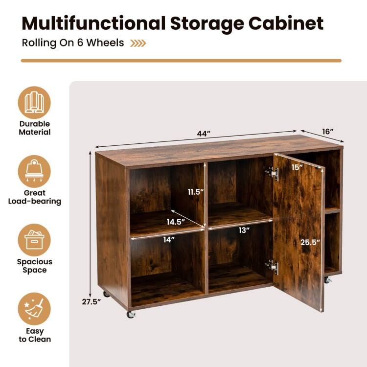 Wood Storage Cabinet with Wheels and 6 Compartments - 44" x 16" x 28" (L x W x H)