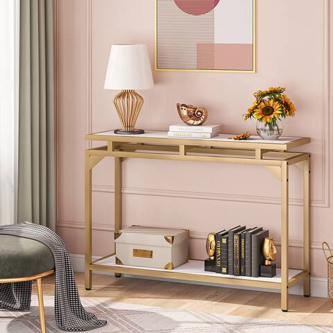 2 Tier Gold Console Sofa Table with Storage, 40" Marble Entryway Table Hallway Accent Entrance Table for Living Room
