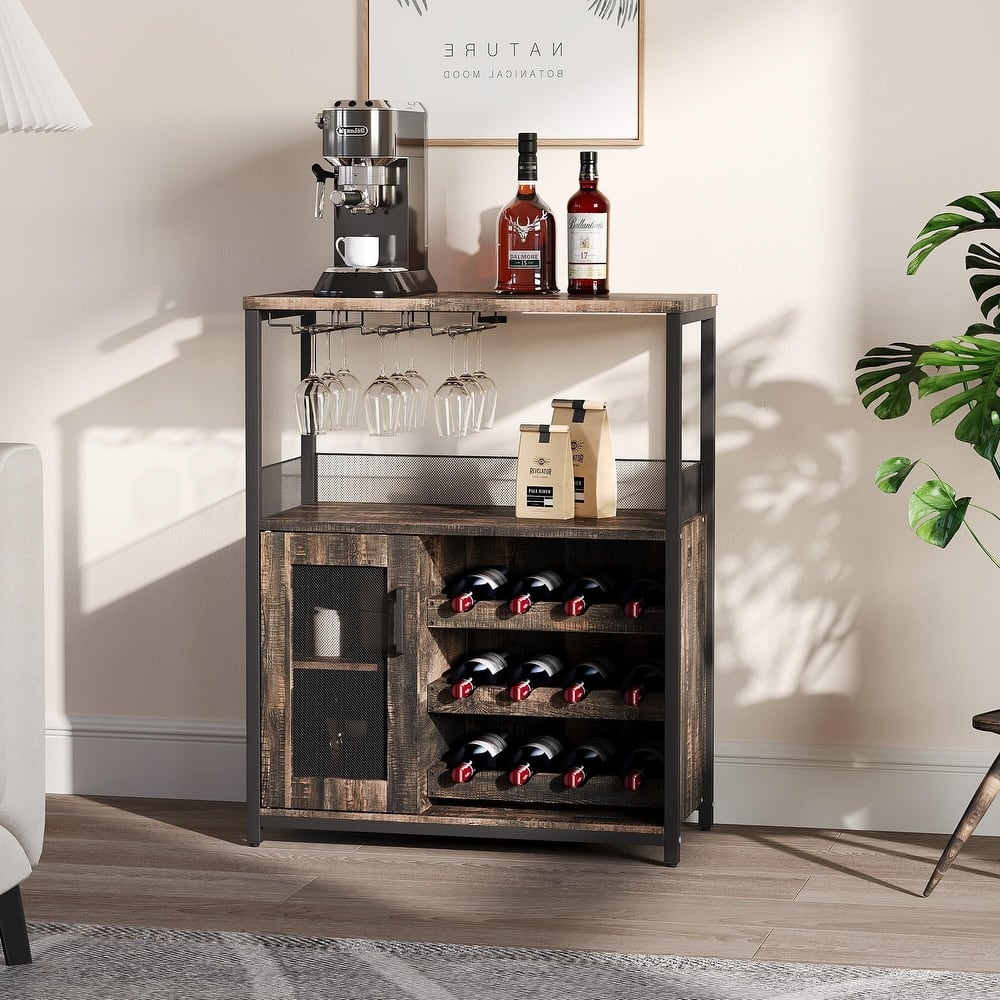 3-Tier Wine Bar Cabinet with Storage, Wine Rack & Glass Holder, Small Liquor Cabinet for Home, Black Corner Storage with Shelves
