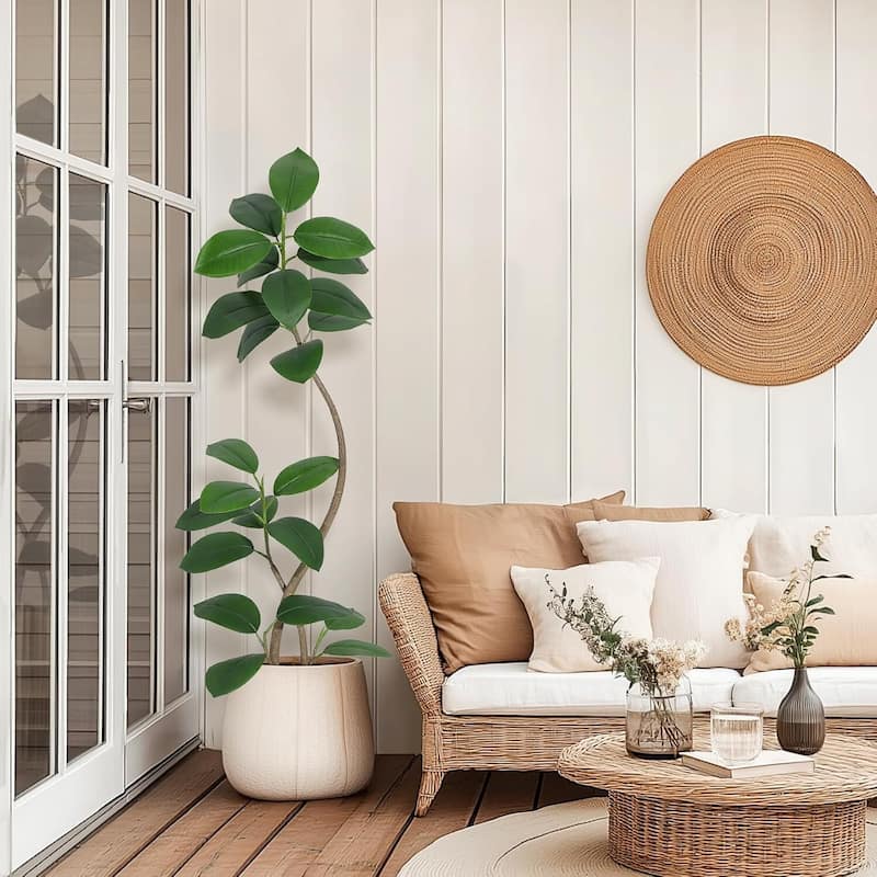 Artificial Plant Faux Fiddle Leaf Fig Tree with Off White Sphere Resin Planter