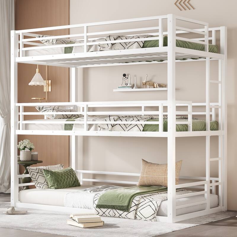 Roomfitters Twin/Full/Queen Metal Triple Bunk Bed with Safety Guardrails, Heavy-Duty Noise-Reduced Frame, White - White - Twin XL