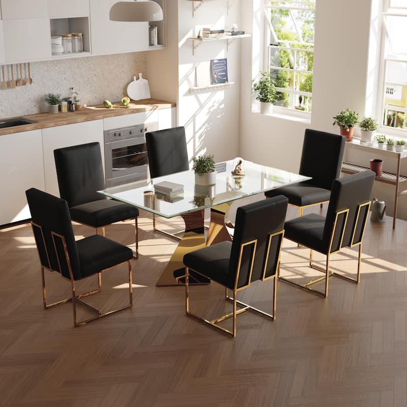 Luxury Gold Dining Table Set with 63 inch Glass Dining Table and White Leather Dining Chairs - Table with 6 Chairs - Black