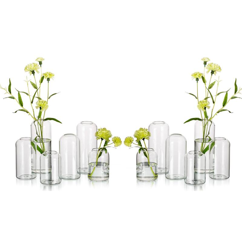 Glass Bud Vases for Flowers - Blown Modern Small Glass Vases for Centerpieces Set of 12, Mini Clear Bulk Flower Vases - Silver