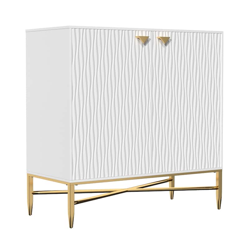 Gloss Door Cabinet-Gold Spindle Legs And Triangular Handles 2 Door White Locker Accent Cabinet