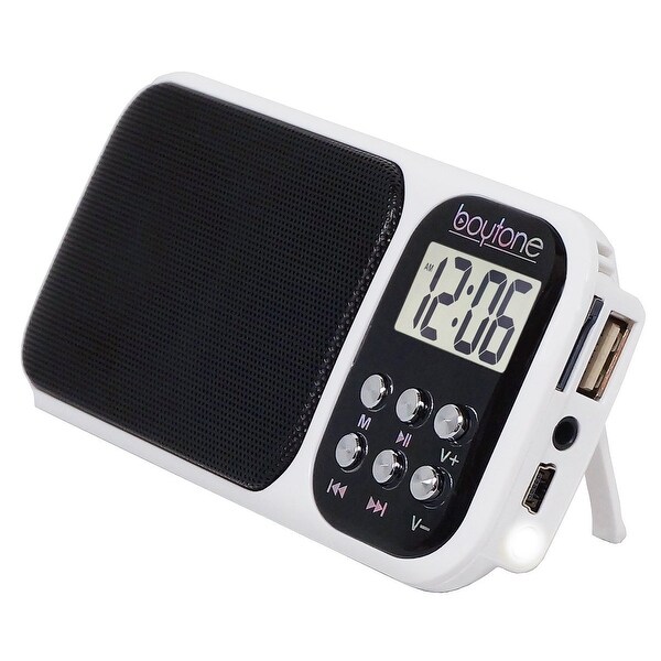 Boytone BT-92W FM Clock Radio Alarm, Built-in Speaker, Rechargeable Batteries, Headphone, LCD Tuning /USB, SD slot, AUX, Light