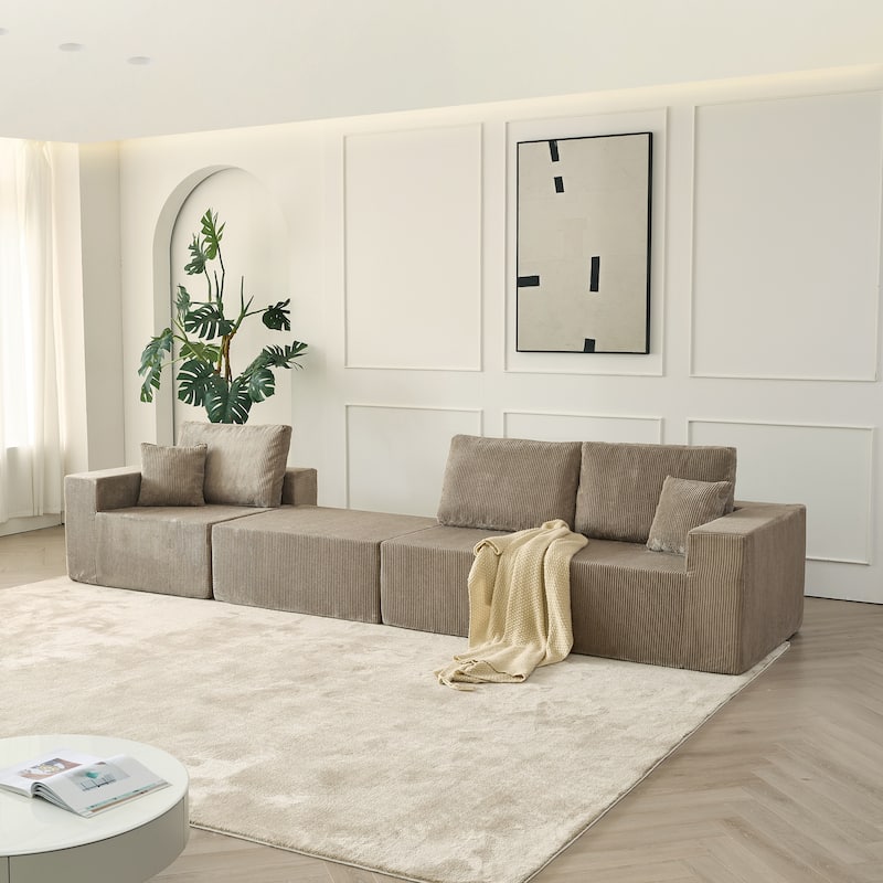 Corduroy Fabric 3 Seater Sectional Sofa with Ottoman Chaise Transforms Into Sleeper Sofa Bed, Modular Flexible Cloud Sofa Set