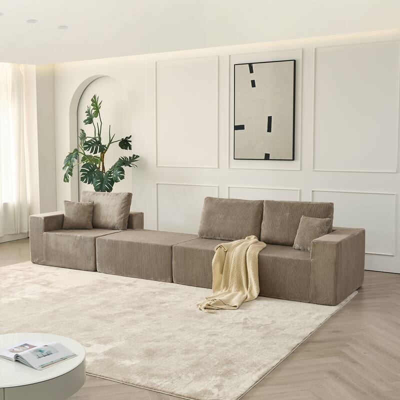Modular L Shaped Sectional Sofa with Ottoman, Corduroy Boneless Cloud Sofa, 3 Seater Upholstered Sofa with 2 Pillows