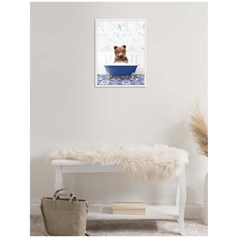 Kate and Laurel Sylvie Bear Cub in Eclectic Blue Bathtub Framed Canvas by Amy Peterson