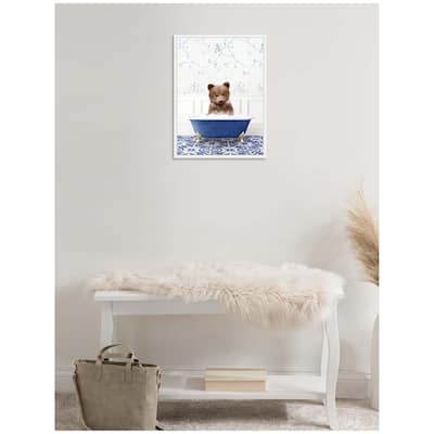 Kate and Laurel Sylvie Bear Cub in Eclectic Blue Bathtub Framed Canvas by Amy Peterson
