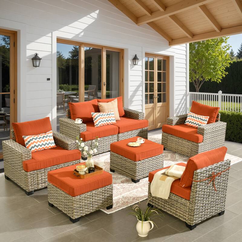 HOOOWOOO 7-piece Patio Furniture Conversation Set with Cushion - Red/Orange
