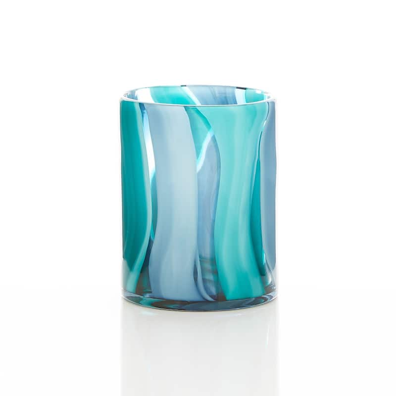 8.25" Blue and Silver Contemporary Ocean Waves Cylindrical Glass Vase