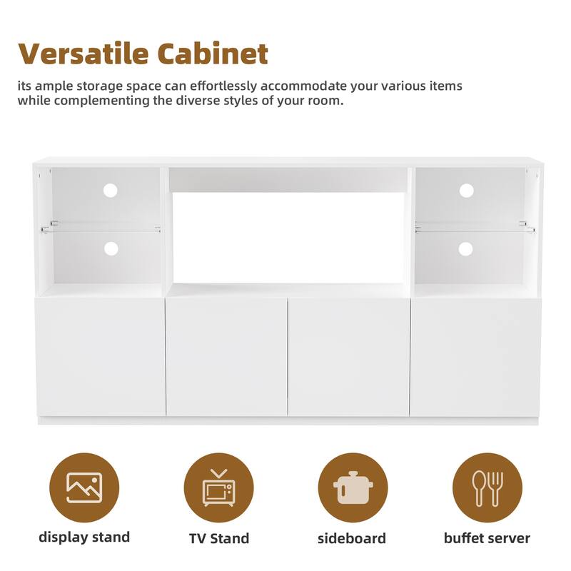 Modern High-Gloss TV Stand for TVs up to 75" with LED Lights, Large Storage Cabinet and Tempered Glass Shelves, White