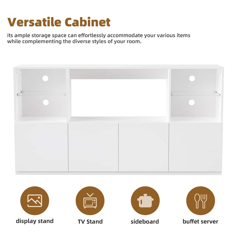 Modern High Gloss TV Stand with LED Lights, Tempered Glass Shelves for TVs up to 75", Living Room Centerpiece