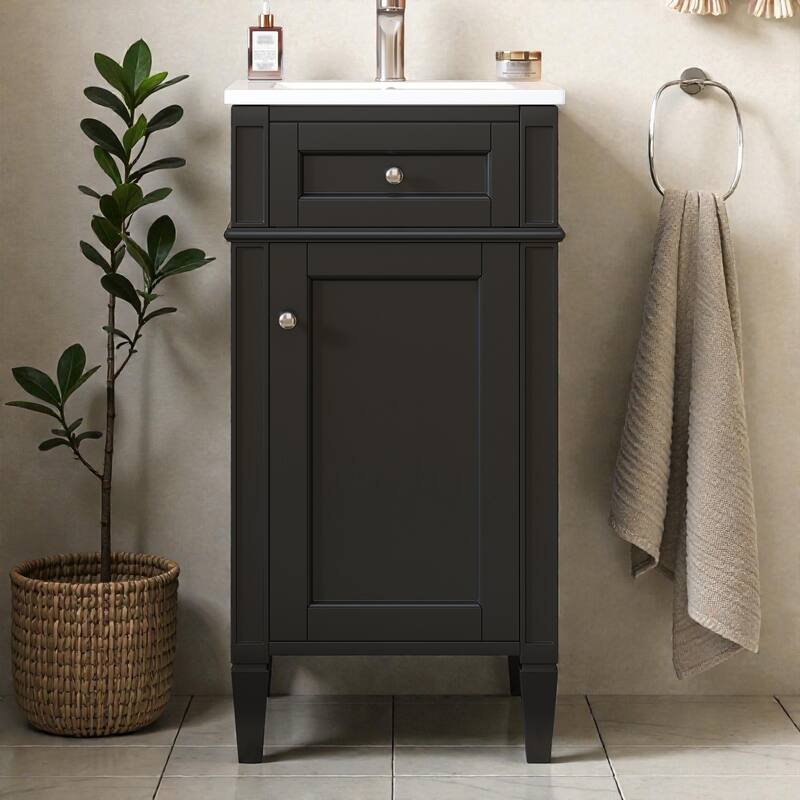 16 Inch Bathroom Vanity with Ceramic Sink, Freestanding Single Vanity, Soft Close Door, French Style Solid Wood Legs