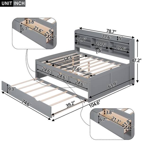 Full Captain Bed with Built-in Bookshelves, 3-Storage Drawers and Trundle, Light Grey