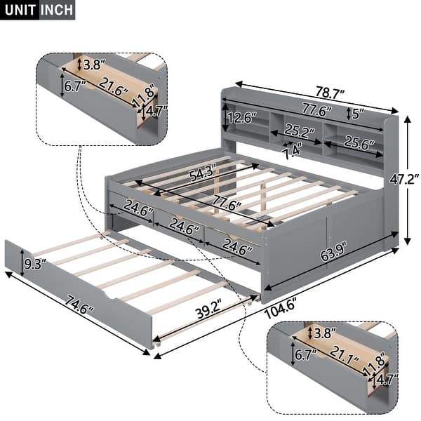dimension image slide 1 of 3, Light Grey Full Size Wooden Captain Bed with Bookshelves, Drawers, and Trundle