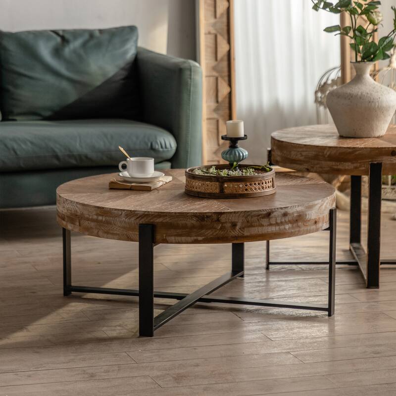 31.29"Modern Retro Splicing Round Coffee Table , Fir Wood Table Top with Cross Legs Metal Base - Natural