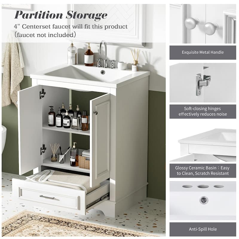 24'' Bathroom Wood Storage Vanity Cabinet with Ceramic Sink, Drawer
