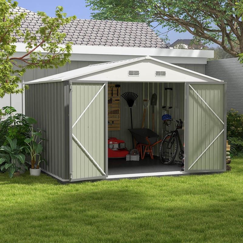 Patiowell 10' x 8'/10' x 10'Metal Outdoor Storage Shed with Goods Shelves/Floor Frame Garden Tool Shed for Backyard Garden