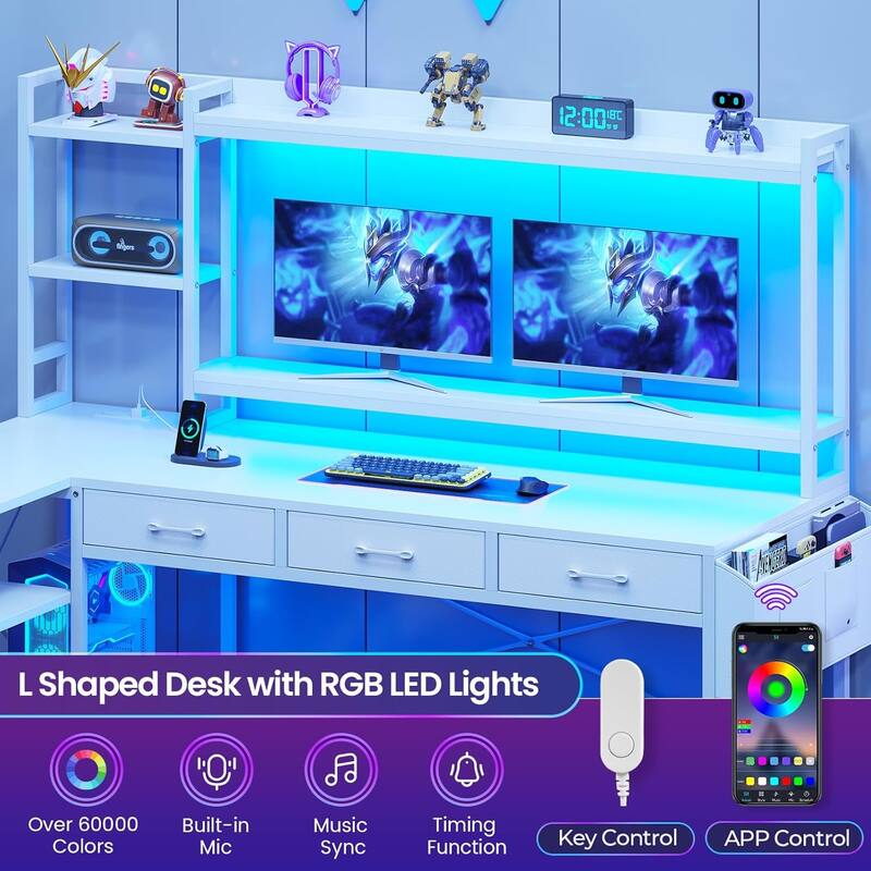 55" L Shaped Gaming Desk Corner Computer Desk Fabric Drawers