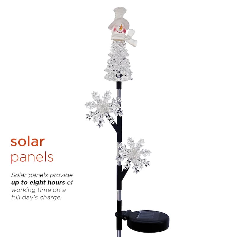 Alpine Corporation 33"H Outdoor Solar Snowman and Snowflakes Garden Stake with LED Lights - White