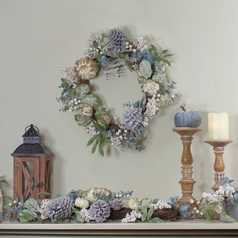 Neutral Colored Pumpkin and Pine Cones Fall Harvest Wreath - 18-Inch Unlit - 18"