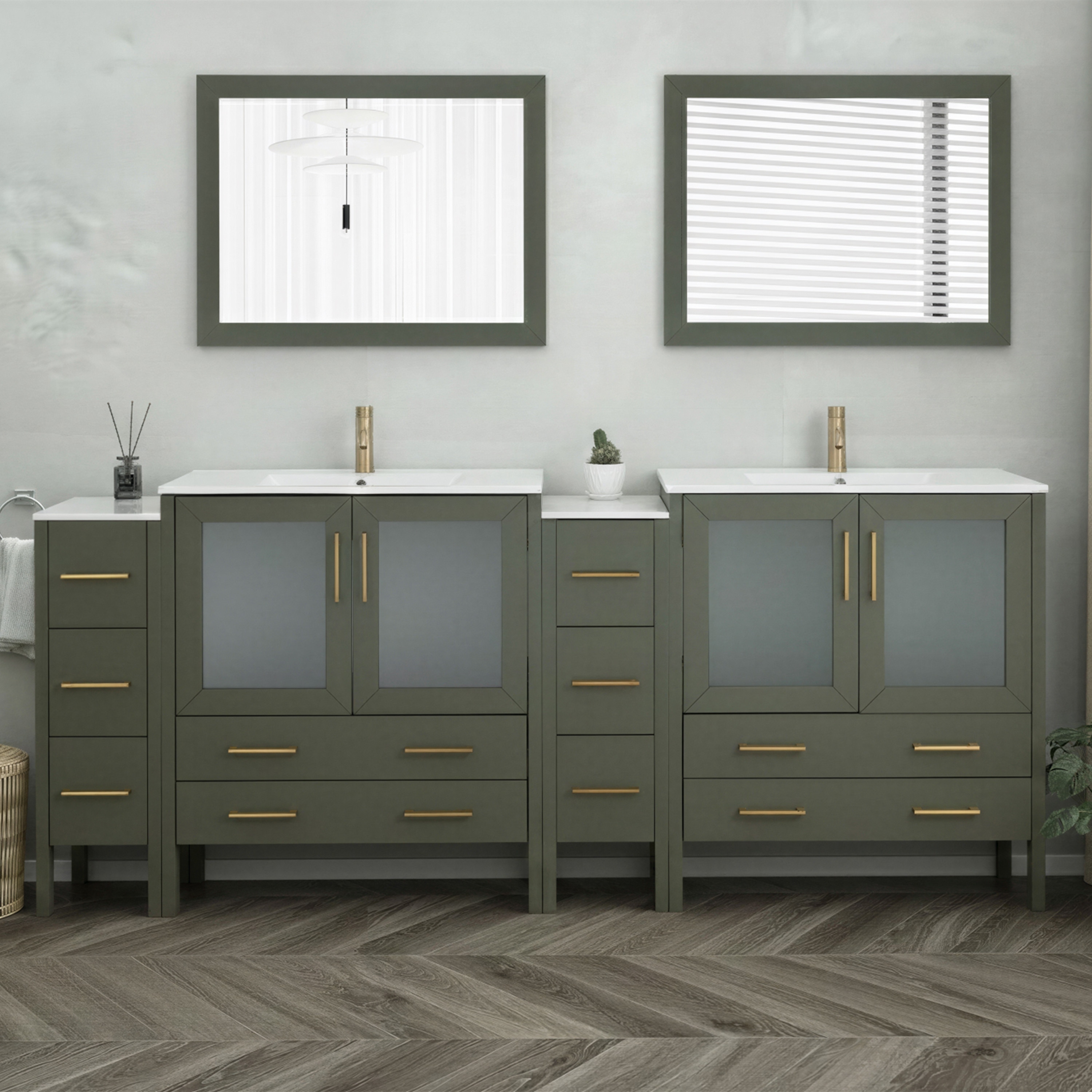 Vanity Art 96" Double Sink Bathroom Vanity Set 10 Dove-Tailed Drawers, 3 Cabinets, 2 Shelves Soft-Closing Doors with Free Mirror
