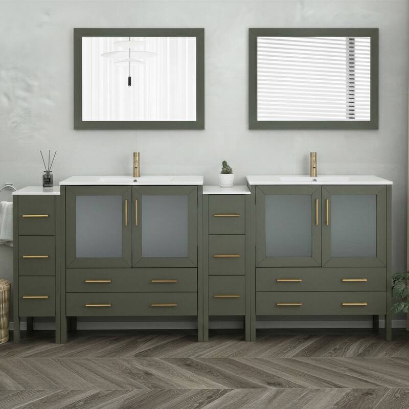 Vanity Art 96" Double Sink Bathroom Vanity Set 10 Dove-Tailed Drawers, 3 Cabinets, 2 Shelves Soft-Closing Doors with Free Mirror - Vintage Green