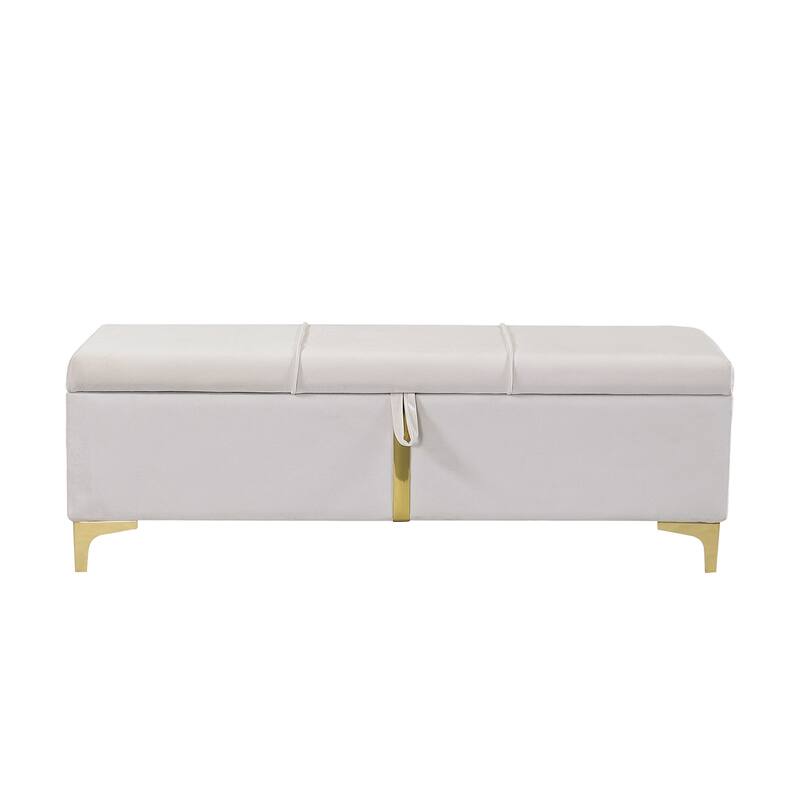 Velvet Upholstered Storage Ottoman, Storage Bench with Metal Legs, Entryway Bench with Hidden Storage for Bedroom, Living Room