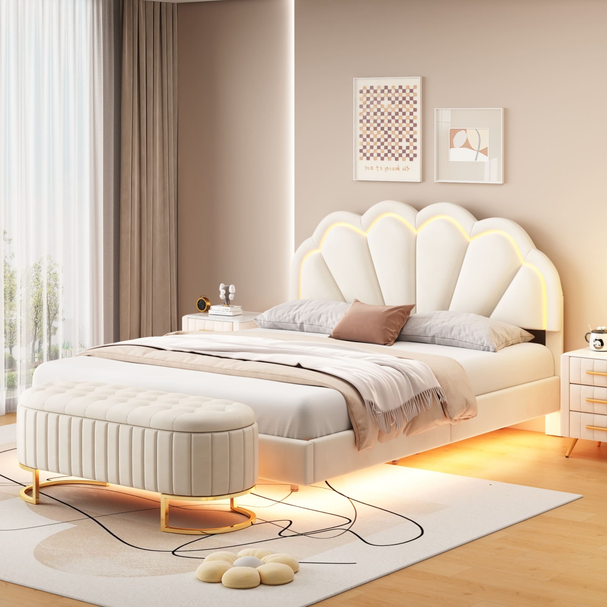 2-Pieces Bedroom Sets Queen Size Upholstered Platform Bed Floating Bed,  Beige - Bed Bath \u0026 Beyond - 39041944, image size:2000x2000