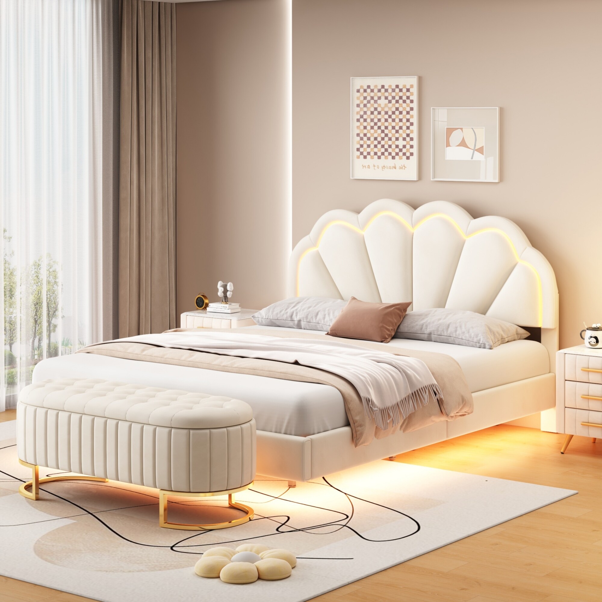 The headboard of this bed frame is padded with high