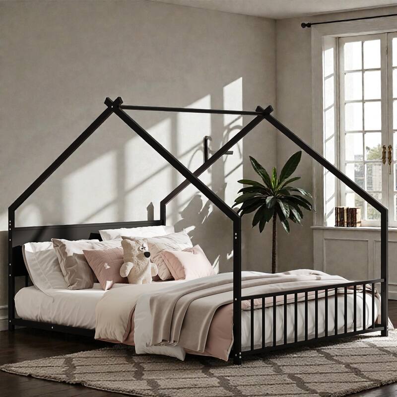 House Bed Frame with Roof & Colorful LED Lights, Metal Kids Floor Bed with Slats, Boys Girls Teens Canopy Bed, No Box Spring
