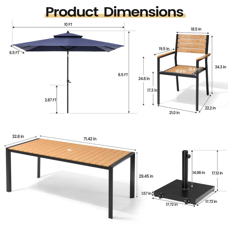 Set of 9 Outdoor Patio Dining Set WoodLike Aluminum Umbrella Hole Table with Stackable Armchairs, Double Top Market Umbrella Set