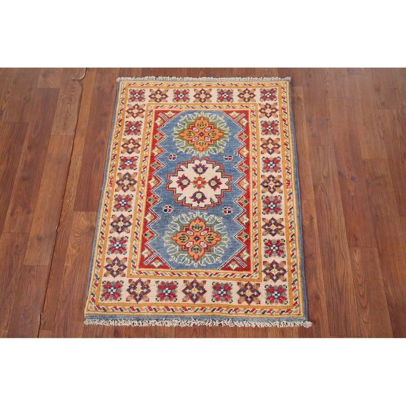 Blue Geometric Kazak Oriental Foyer Rug Hand-Knotted Wool Carpet - 2'0" x 2'9"