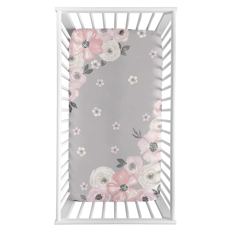 Grey Watercolor Floral Collection Girl Photo Op Fitted Crib Sheet - Blush Pink Gray and White Shabby Chic Rose Flower Farmhouse