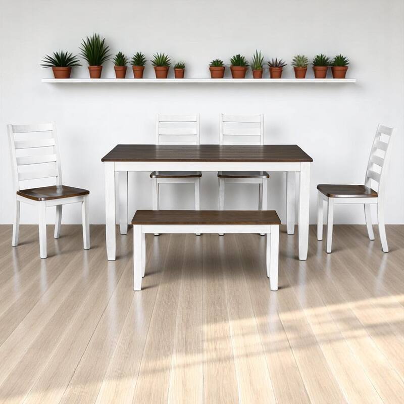 Rustic 6-Piece Dining Table Set with 4 Ergonomic Chairs & Bench, Solid Wood Distressed Farmhouse Design for Dining Room