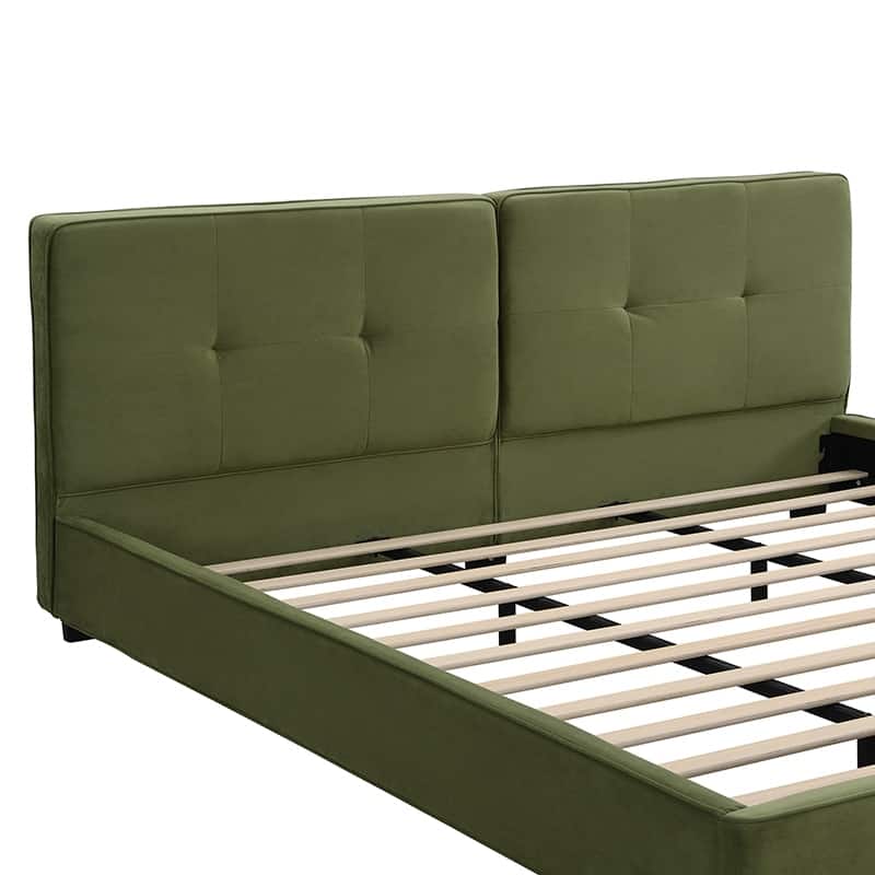 Olive Green Frames King Size Velvet Platform Bed Soft Square Corners Tufted Headboard Low Profile Bed Upholstered Grounded Bed