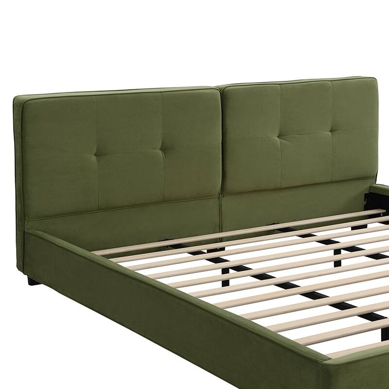 Oliver Green Velvet Upholstered Bed Frame, King Size Grounded Bed with Curved Tufted Headboard, Soft Square Corners Wingback Bed