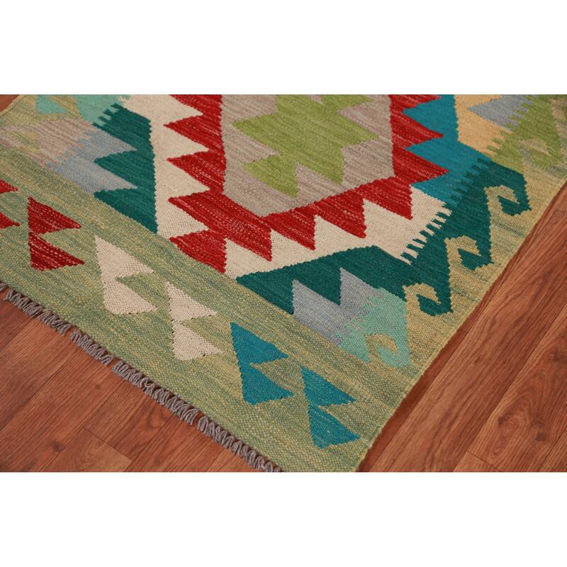 Hand Woven Oriental 100% Wool Carpet Southwestern Geometric Multi-Colored Kilim Runner Rug - 15' 11'' X 2' 7''