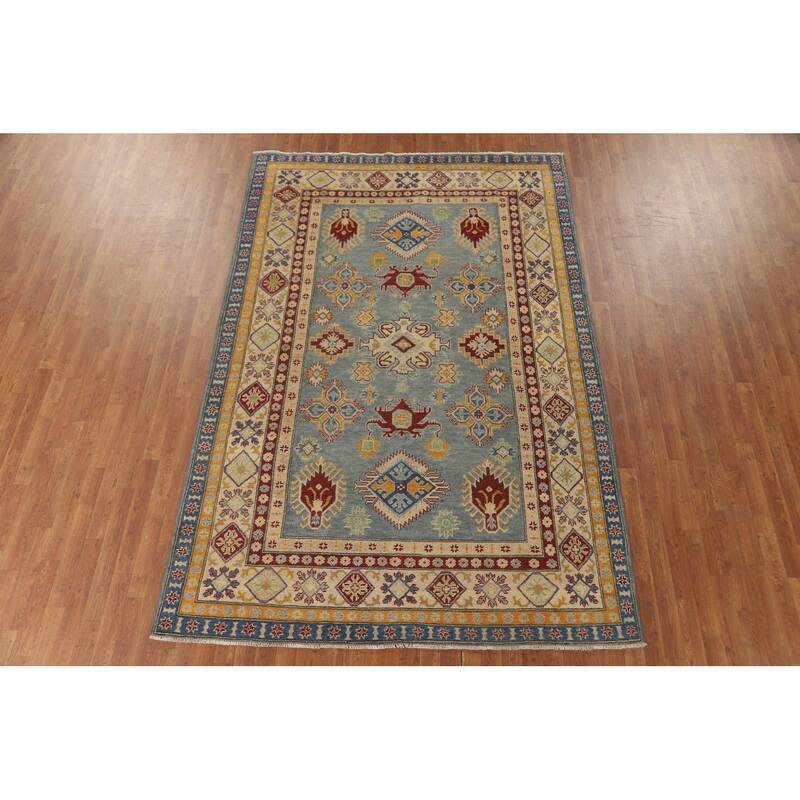 Geometric Kazak Area Rug Handmade Oriental Blue Wool Carpet - 6'7" x 9'10"
