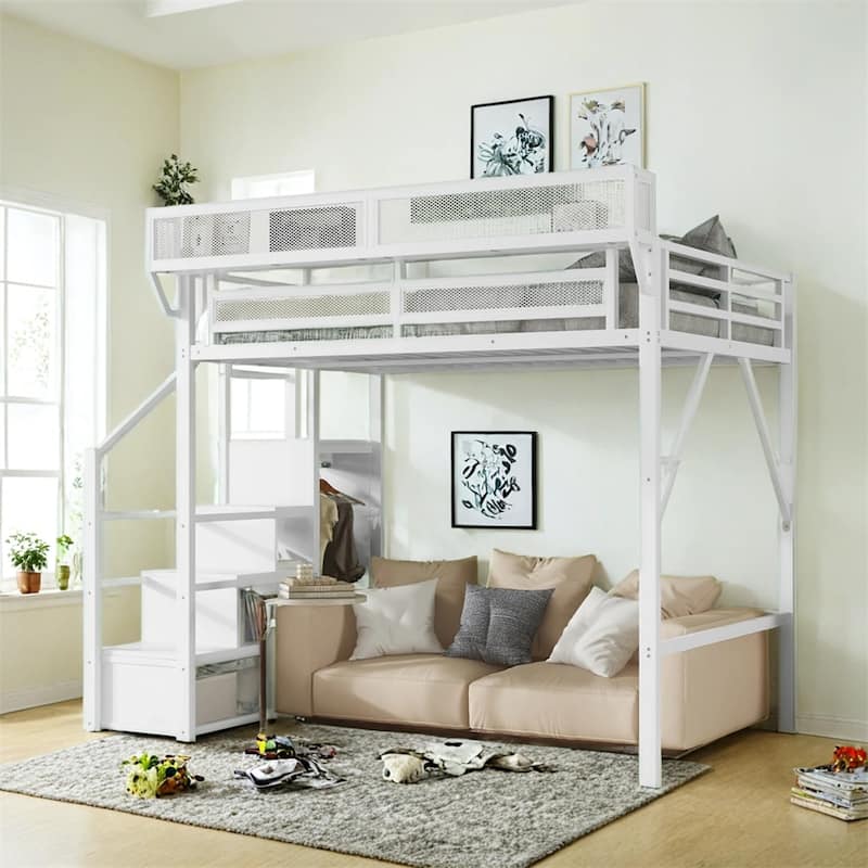 Full Size Loft Bed with Stairs,Metal Full Loft Bed w/Storage Shelves
