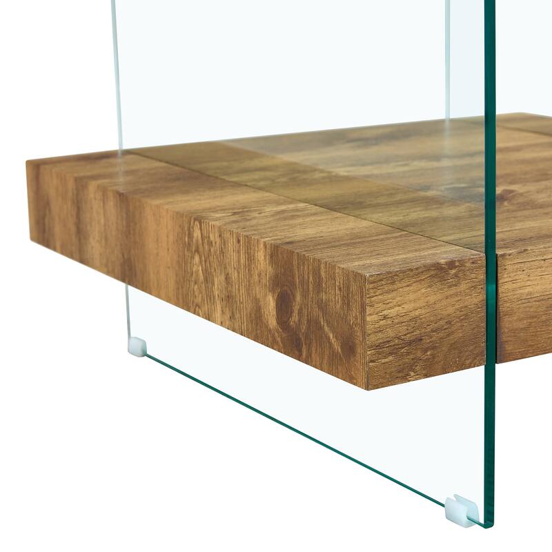 31.4 Inch Modern Two-Tier Square Coffee Table - An Elegant Combination of Clear Glass and Natural Wood Texture Sticker I