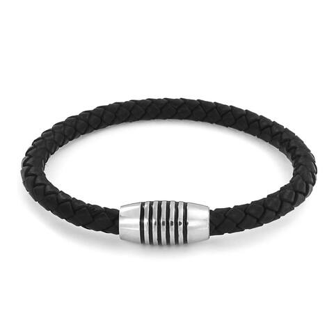 Black Woven Weave Braided Leather Bracelet Bangle Stainless Magnetic - 8.5