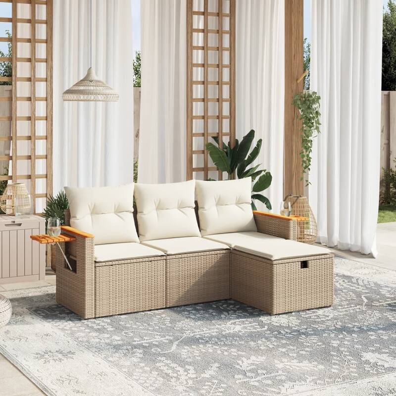 vidaXL Patio Sofa Set with Cushions Outdoor Furniture 4 Piece Poly Rattan - Beige and cream without storage - 24.4 x 24.2 x 27.2 in